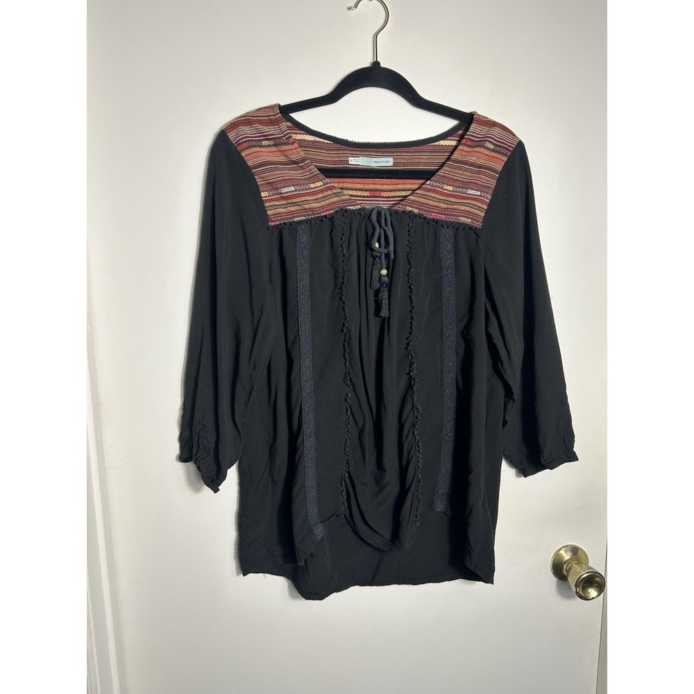 Maurices‎ Women XXL Black Rayon Blouse Boho Embroidered Striped Peasant